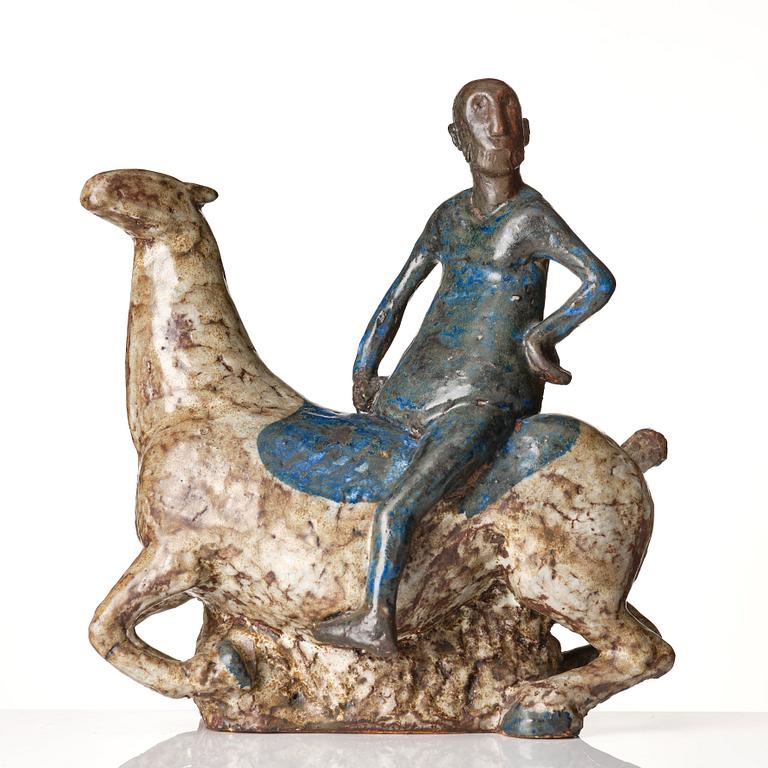 Åke Holm, a stoneware sculpture of a man on a horse, Höganäs, Sweden 1950's.