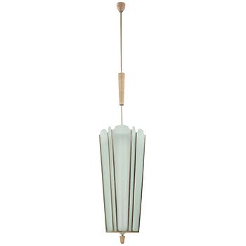 SWEDISH DESIGNER, a nickel plated, white chalked oak and frosted glass ceiling light, mid 20th Century.