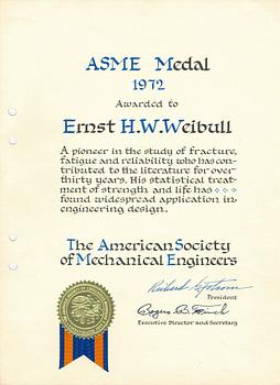 Professor Waloddi Weibulls ASME medalj i guld.