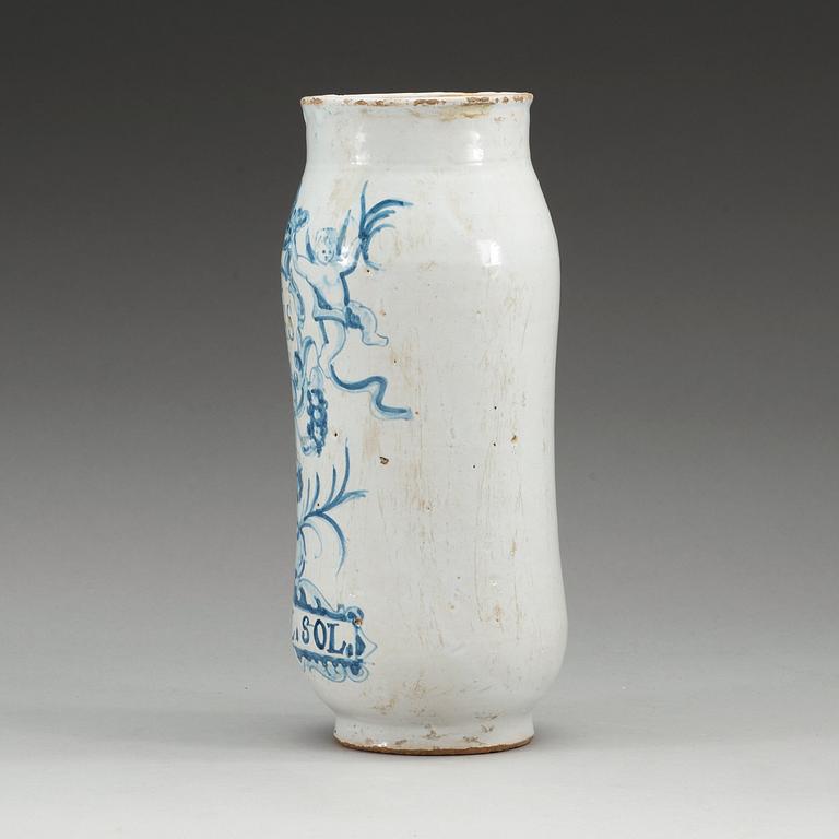 An armorial faience pharmaceutical jar, 18th Century.