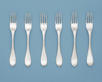 1028. A Swedish 19th century set of six silver table-forks, makers mark of Nils Limnelius, Stockholm 1811.