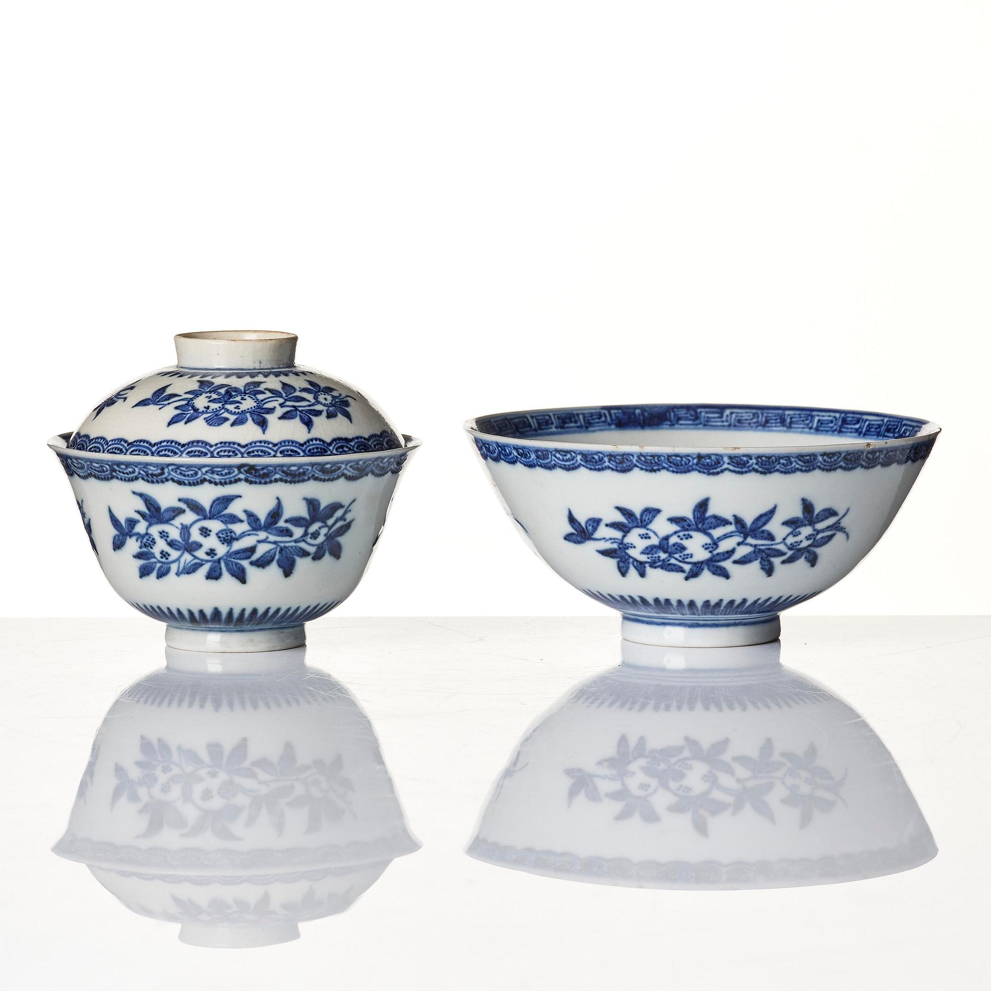 A blue and white soft paste 'three abundances' bowl with cover and a bowl, Qing dynasty, 18th century.