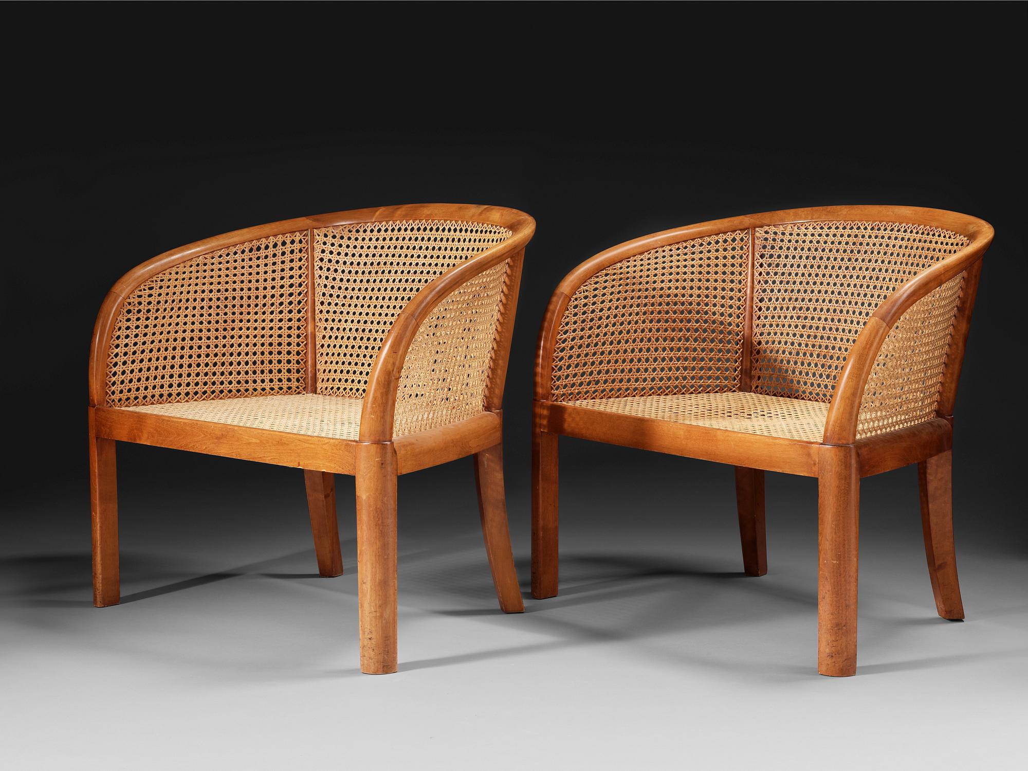 A pair of Carl Hörvik polished birch armchairs, Stockholm 1920.