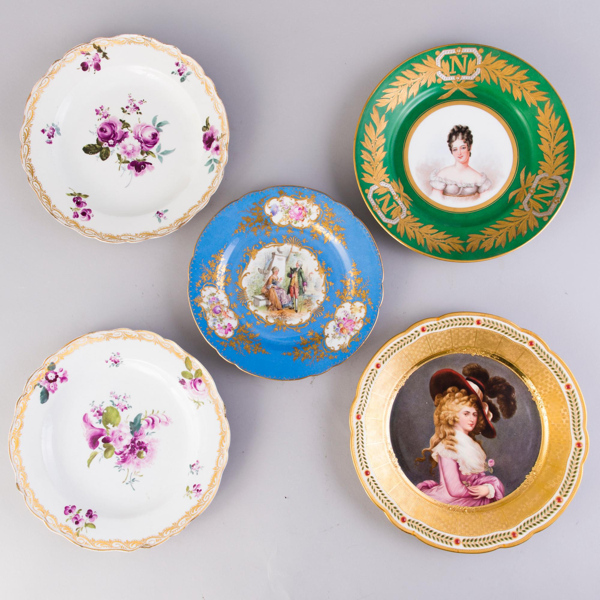 FIVE DECORATIVE PLATES, porcelain, Central Europe, late 19th century and early 20th century.