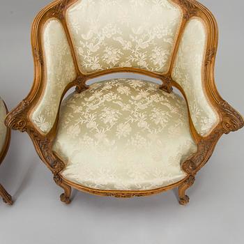 Soffa och fåtöljer, ett par, omkring 1900.