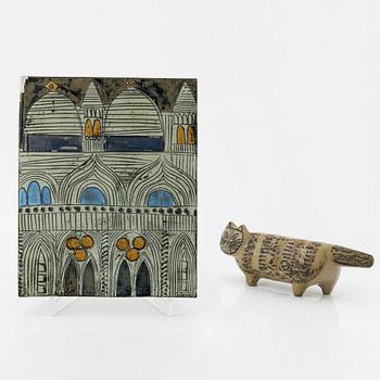 Lisa Larson, a stoneware figurine of a cat and a wall relief, Gustavsberg and Gustavsbergs studio.