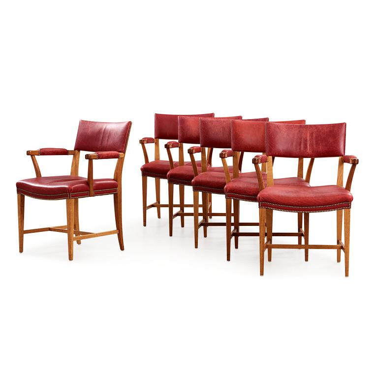 Josef Frank, a set of six mahogany and red leather dining chairs, Svenskt Tenn, Sweden, model 695.