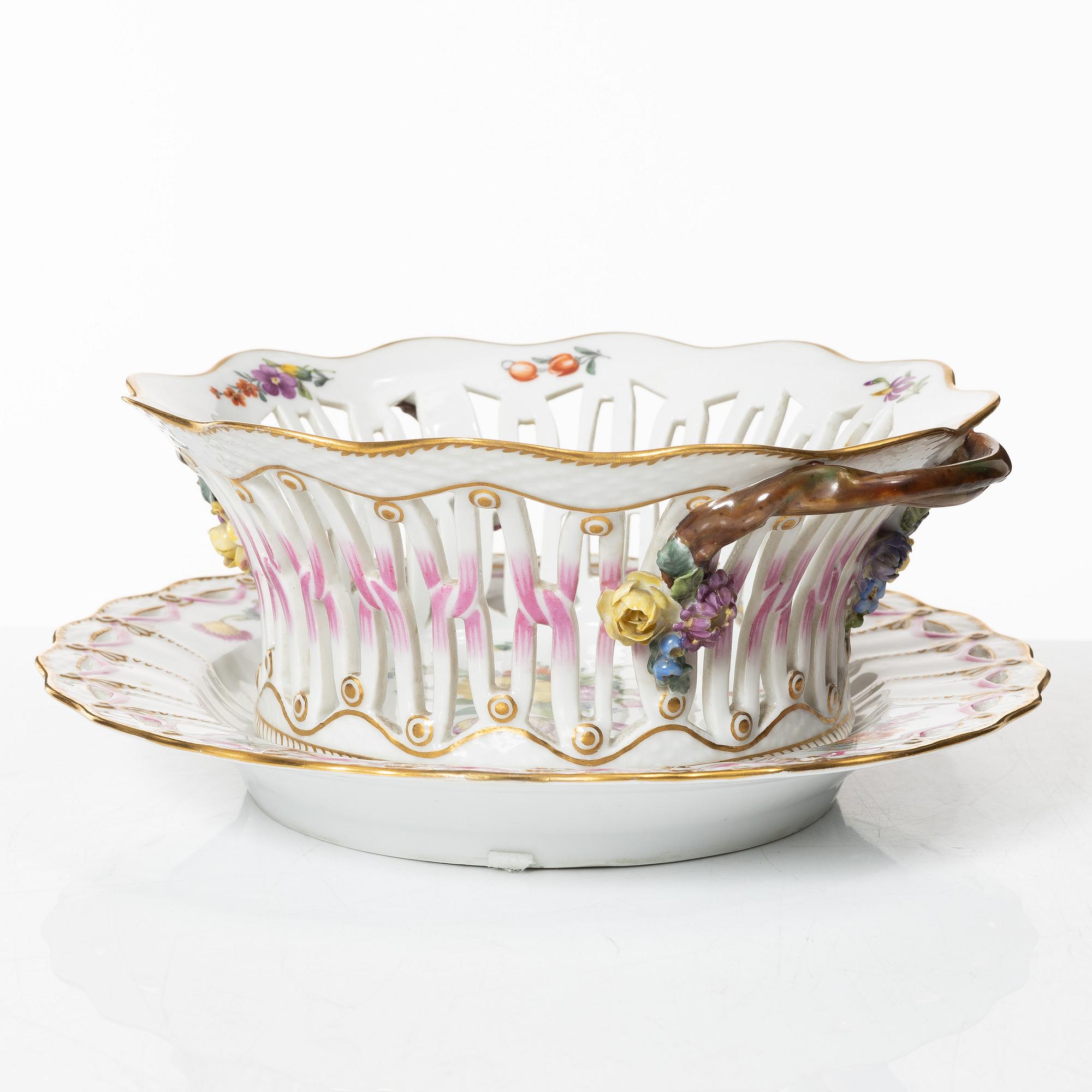 Royal Copenhagen, a 'Saxon Flower' basket on stand, Denmark, 1889-1922.