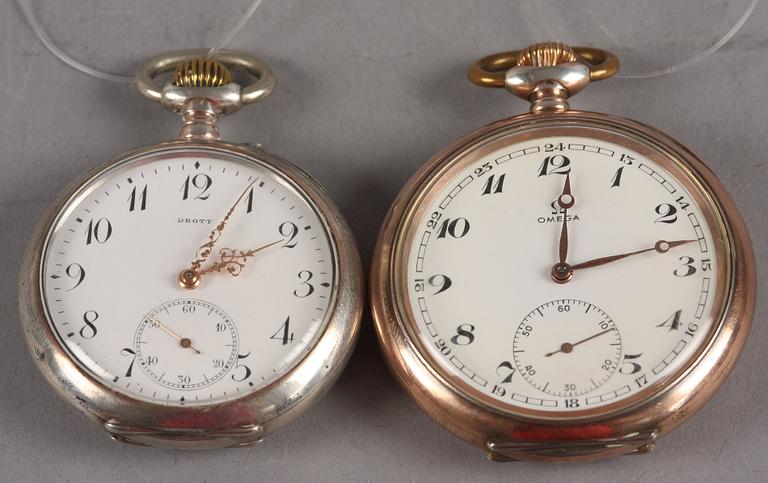 FICKUR, 2 st, Omega resp Drott, metall resp silver, 1900-tal.