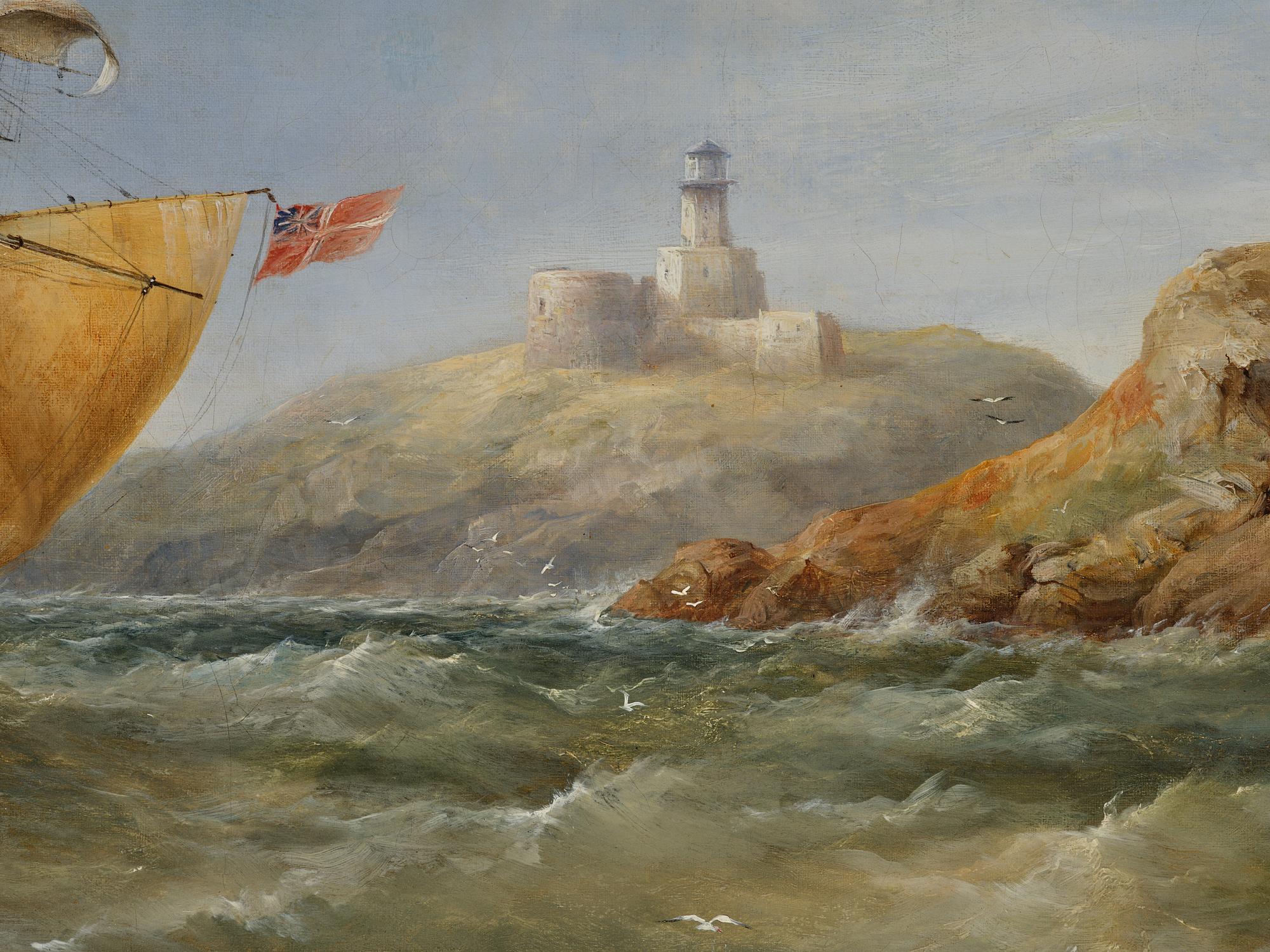 James Edwin Meadows, Sailing boats in rough weather by the coast with a lighthouse.