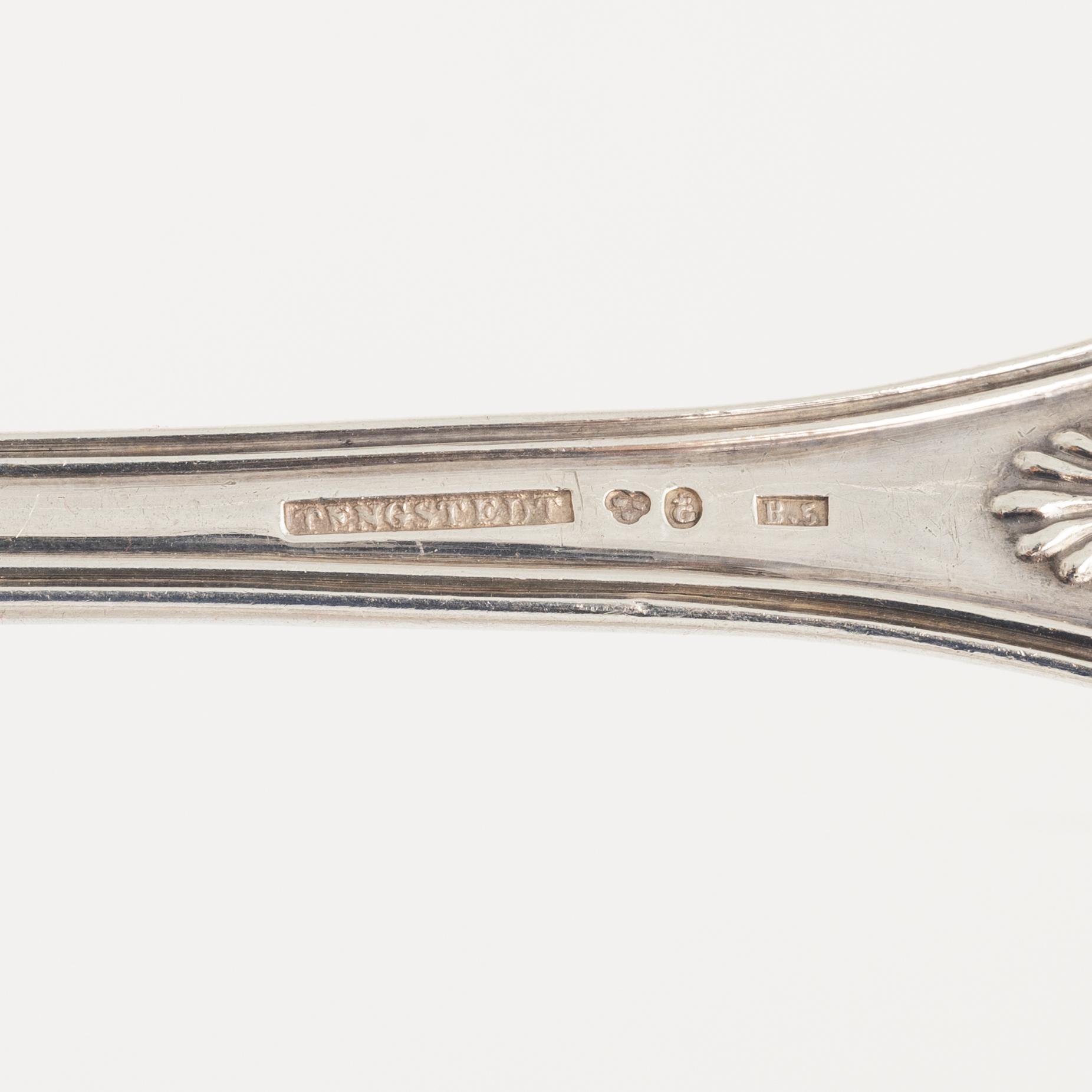 Gafflar, 12 st, silver, "Engelsk snäck", Carl Tengstedt, Göteborg, 1856,
