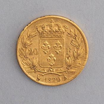 A 1820 gold coin, 20 francs, Louis XVIII, ref KM#712.1.