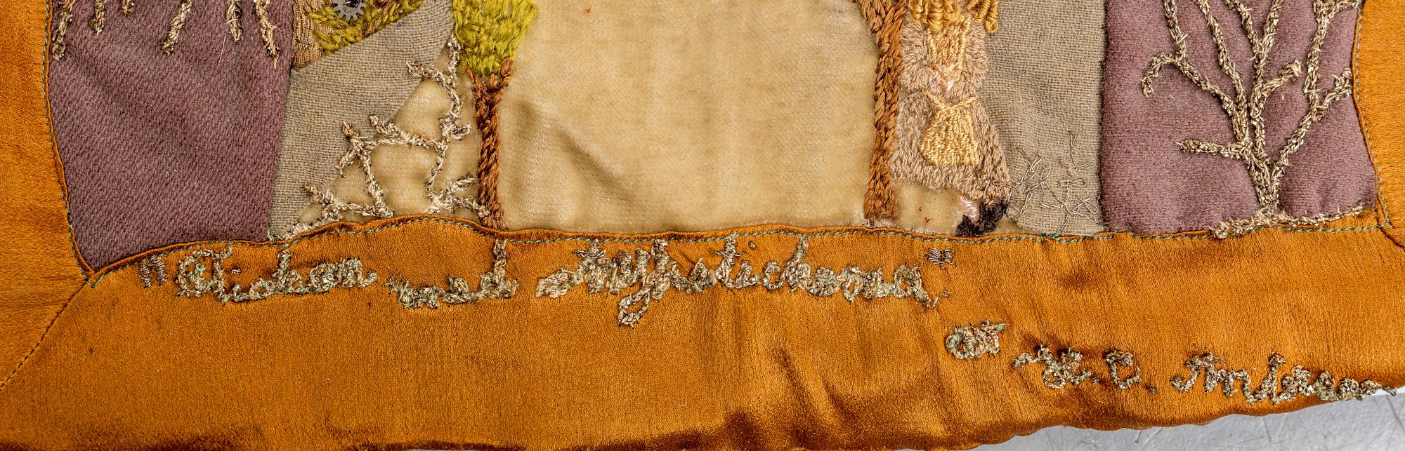 Anna Casparsson, an embroidery, "Flickan med strykstickorna av H.C. Andersen", ca 30,5 x 30,5-31,5 cm.