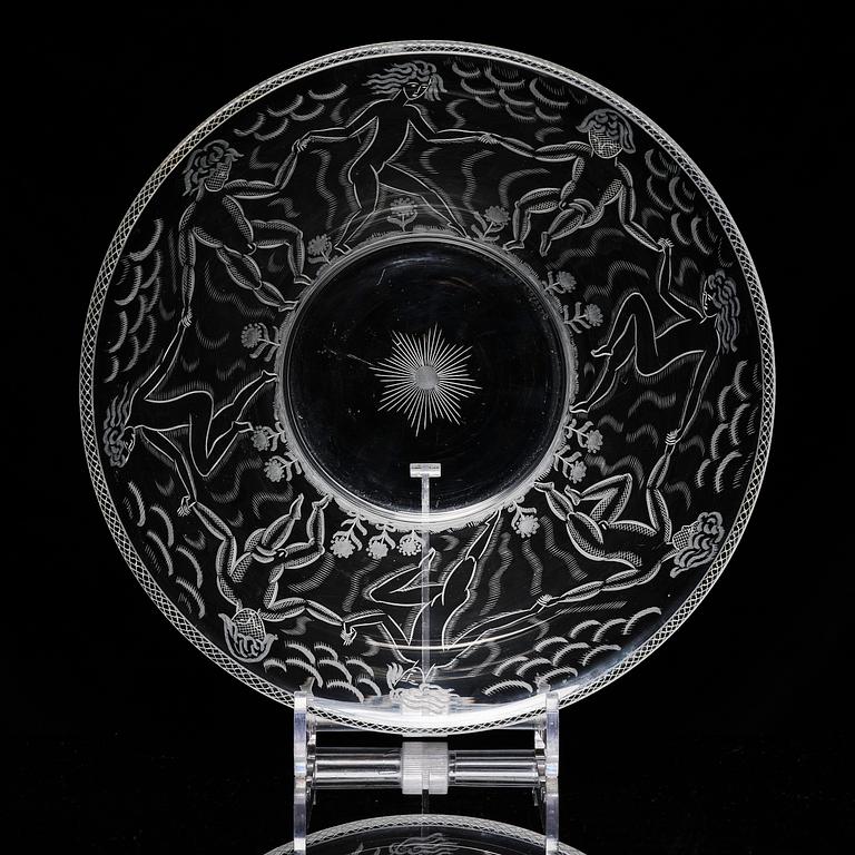 Edward Hald, an engraved glass bowl with plate, Orrefors, Sweden, 1926, model 305, engraved by Emil Goldmann.