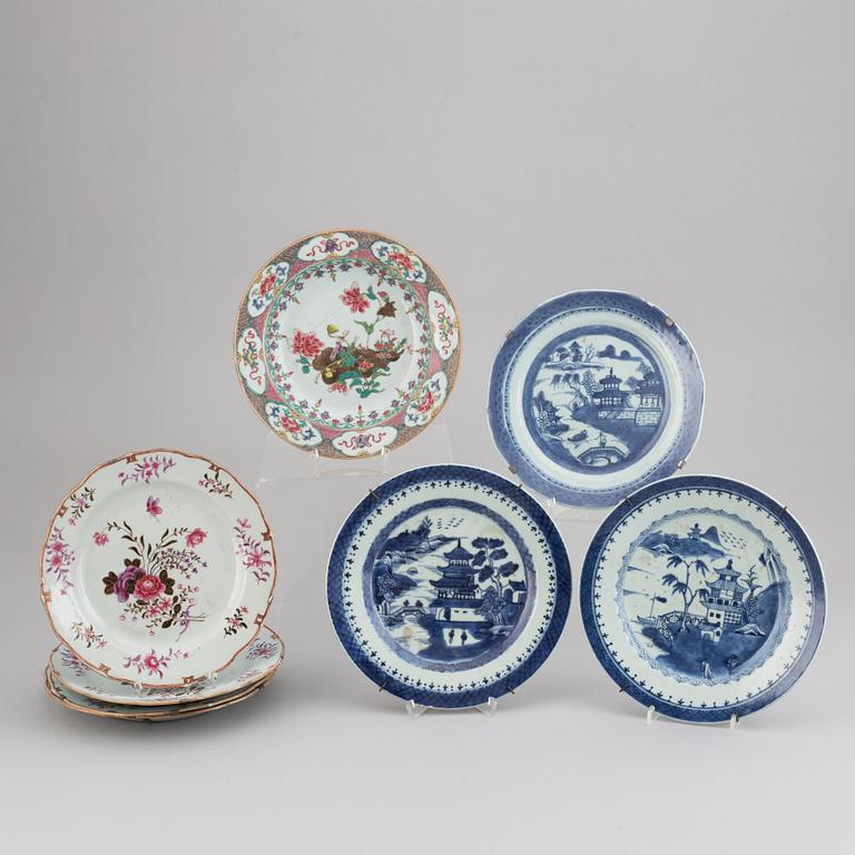 Eight famille rose and blue and white dishes, Qing dynasty, 18th/19th century.