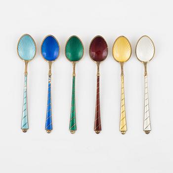 Six Silver-Gilt and Enamel Mocha Spoons, Denmark mid 20th century.
