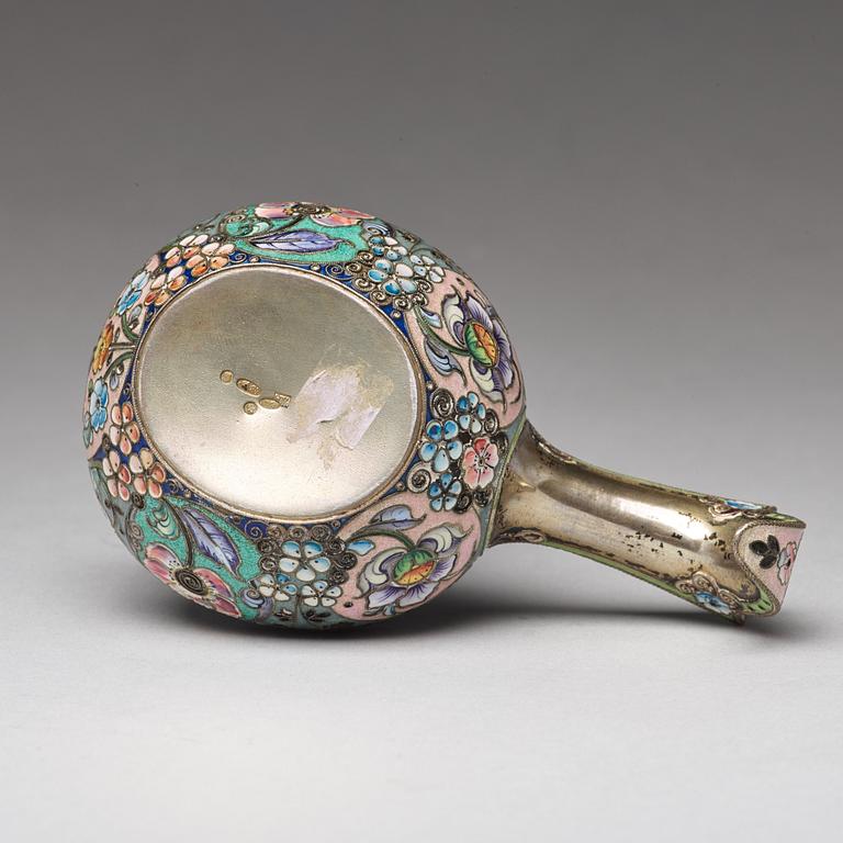 A Russian 20th century silver-gilt and enameled kovsh, mark of the 11th Artel, Moscow 1908-1917.