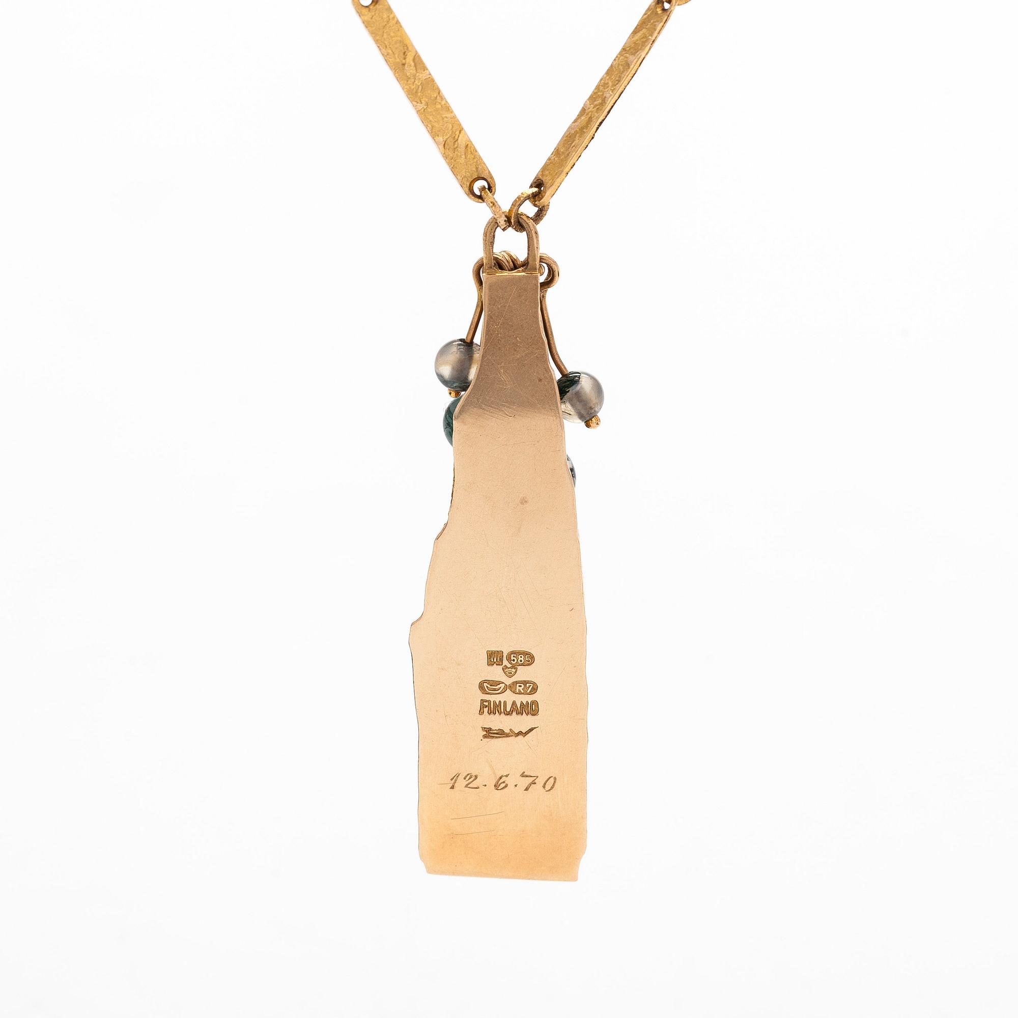 Björn Weckström, pendant, "Golden tree", 14K gold, moss agate.