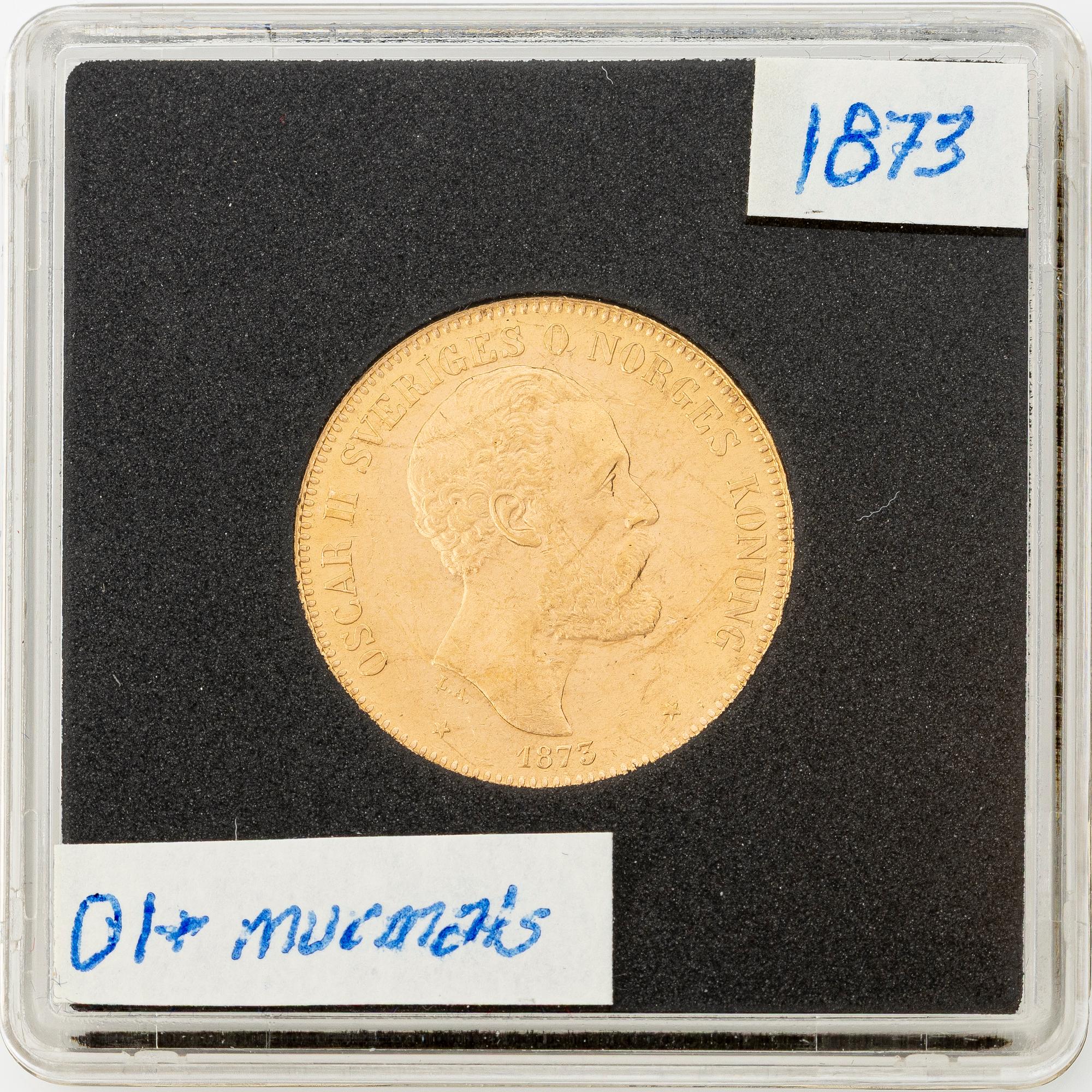 Gold coin, Oscar II, 20 kronor, type I, Sweden 1873.