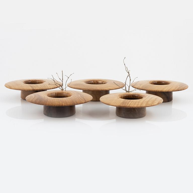 Magnus Ek, a set of five walnut and ash wood appetizer plates for Oaxen Krog.