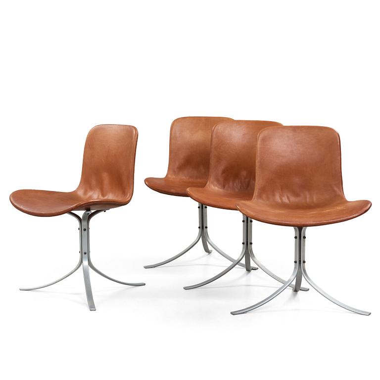 Poul Kjaerholm, a set of four 'PK-9' brown leather and steel chairs, E Kold Christensen, Denmark 1960's.