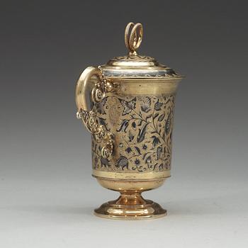 A Russian 19th century silver-gilt and niello cup and cover, un identified makers mark Moscow 1850's.