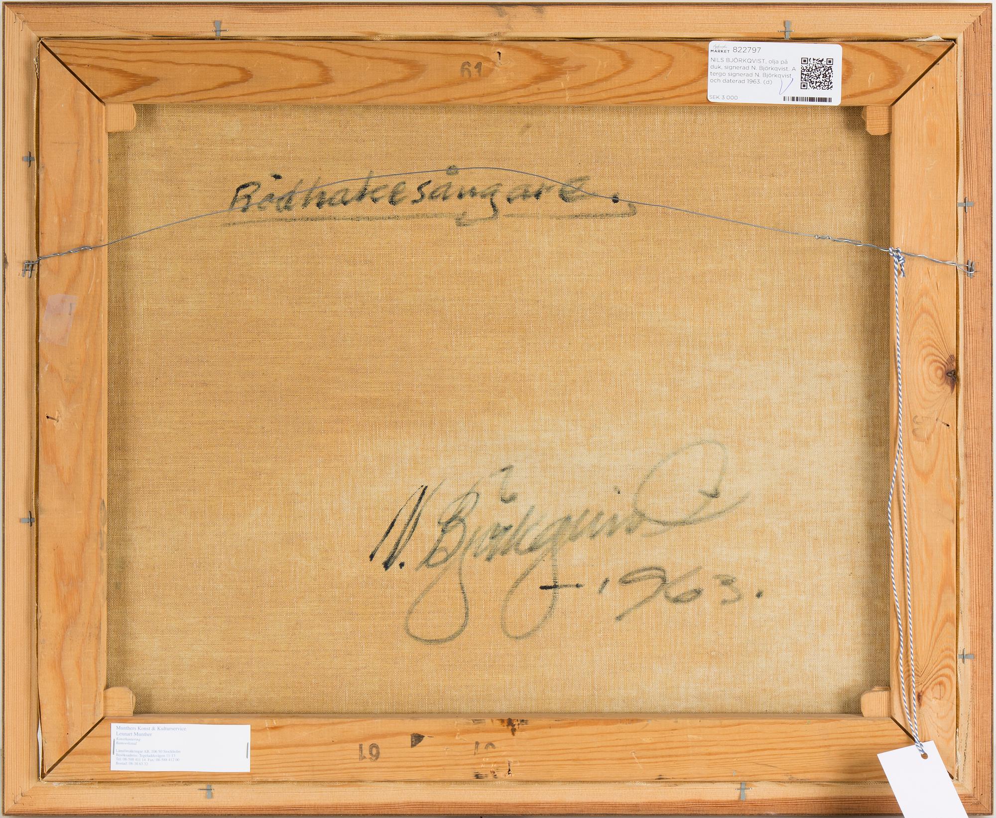 NILS BJÖRKQVIST, oil on canvas, signed N. Björkqvist. On verso signed N. Björkqvist and dated 1963.