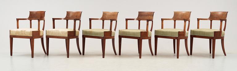 Six Swedish Empire 19th century armchairs.
