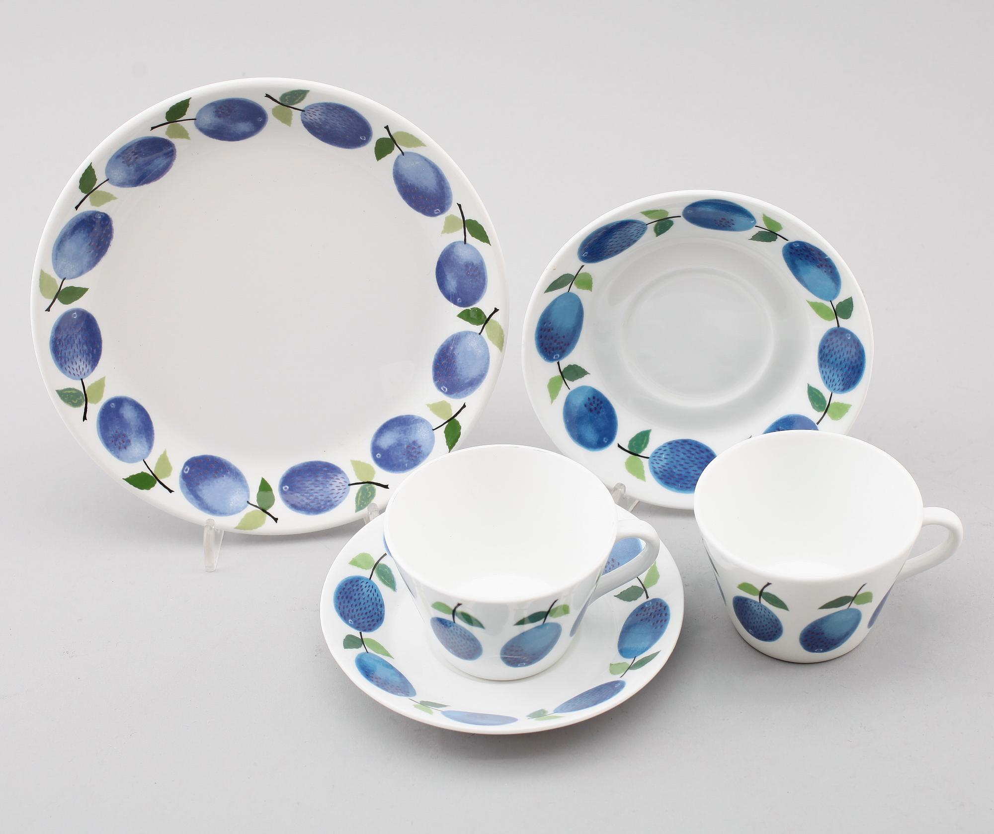 KAFFEKOPPAR, 12 delar, benporslin "Prunus", Stig Lindberg, Gustavsberg.