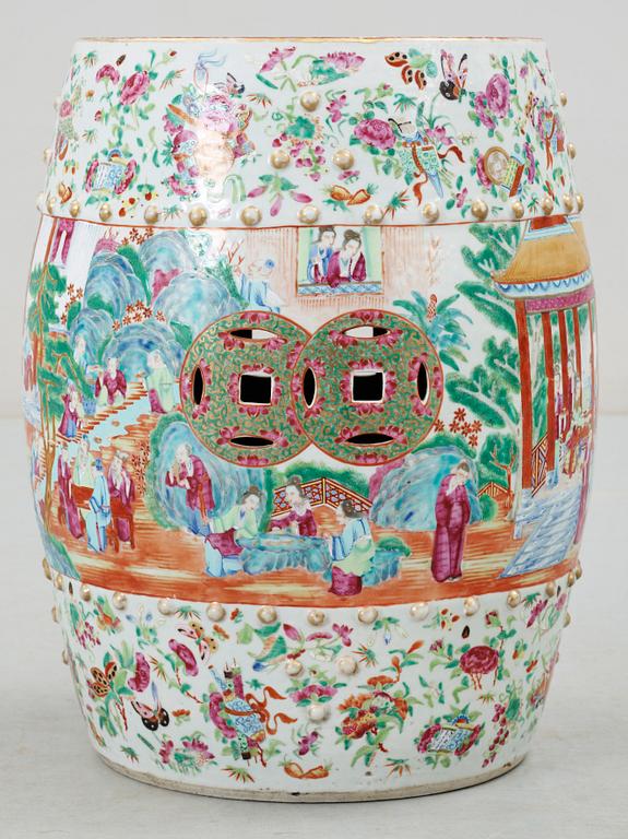 A Canton famille rose garden seat, late Qing dynasty.