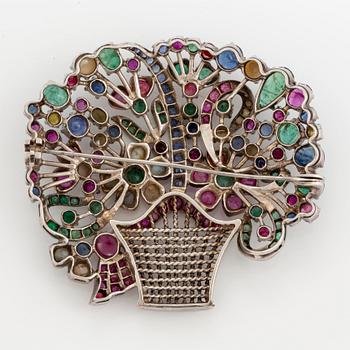 Flower basket brooch, with pearls, rubies, emeralds and sapphire.
