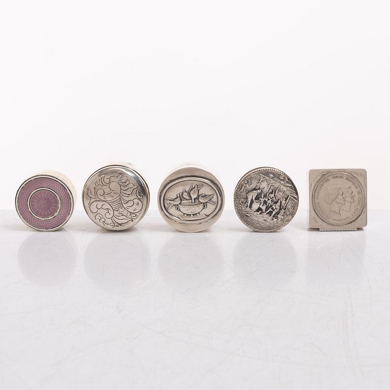 Seven silver boxes and cigarette cases, including with mark of Carl Fredrik Hultbom, Stockholm 1841.