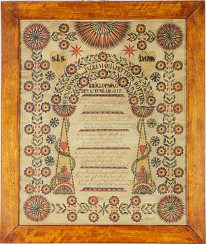 A set of three folk art commemorative paintings, 19th century.