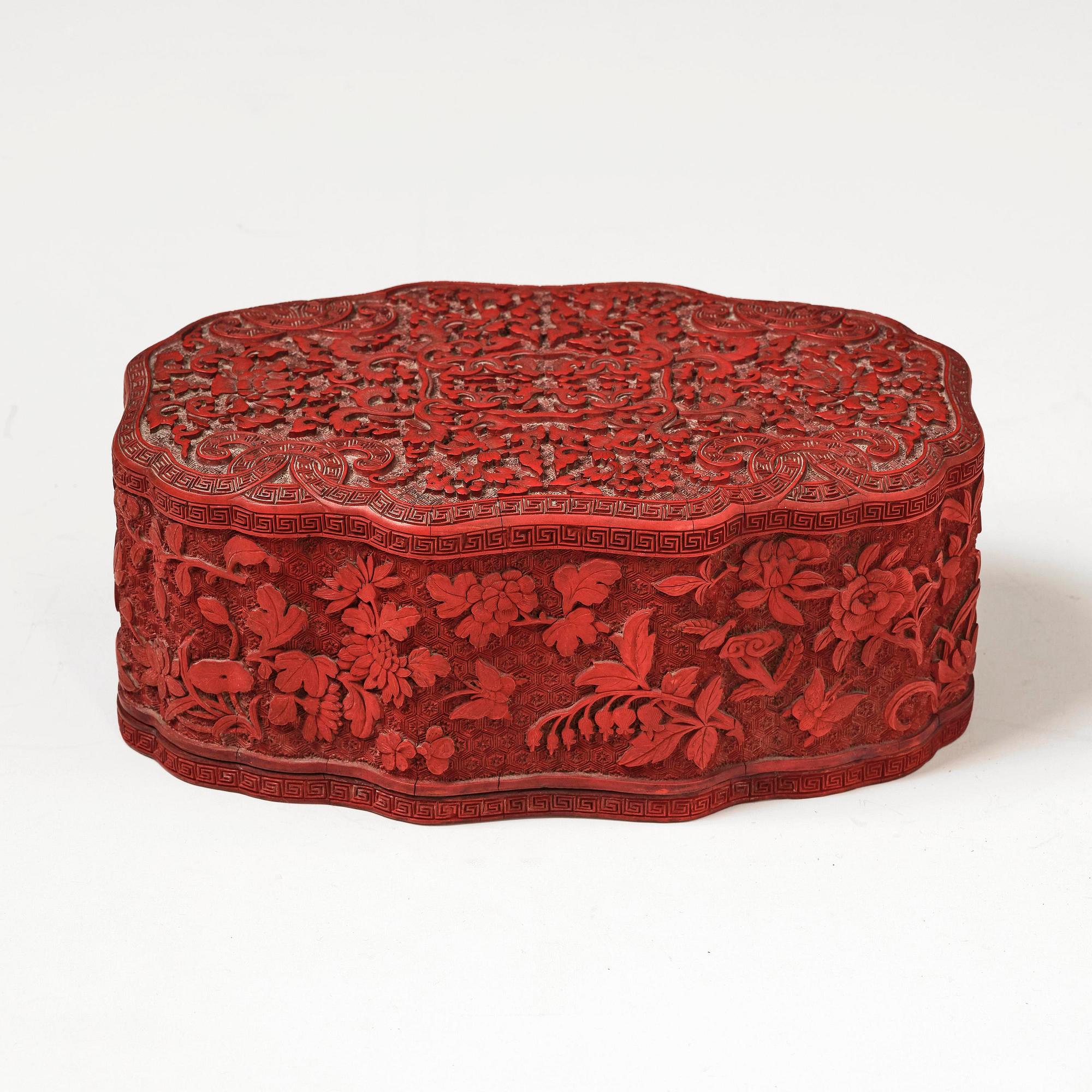 A fine carved lacquer box and cover with tianqi lacquer inset boxes and covers, Qing dynasty, Qianlong (1736-95).
