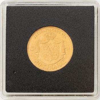 Gold coin, Oscar II, 20 kronor, type I, Sweden 1874.