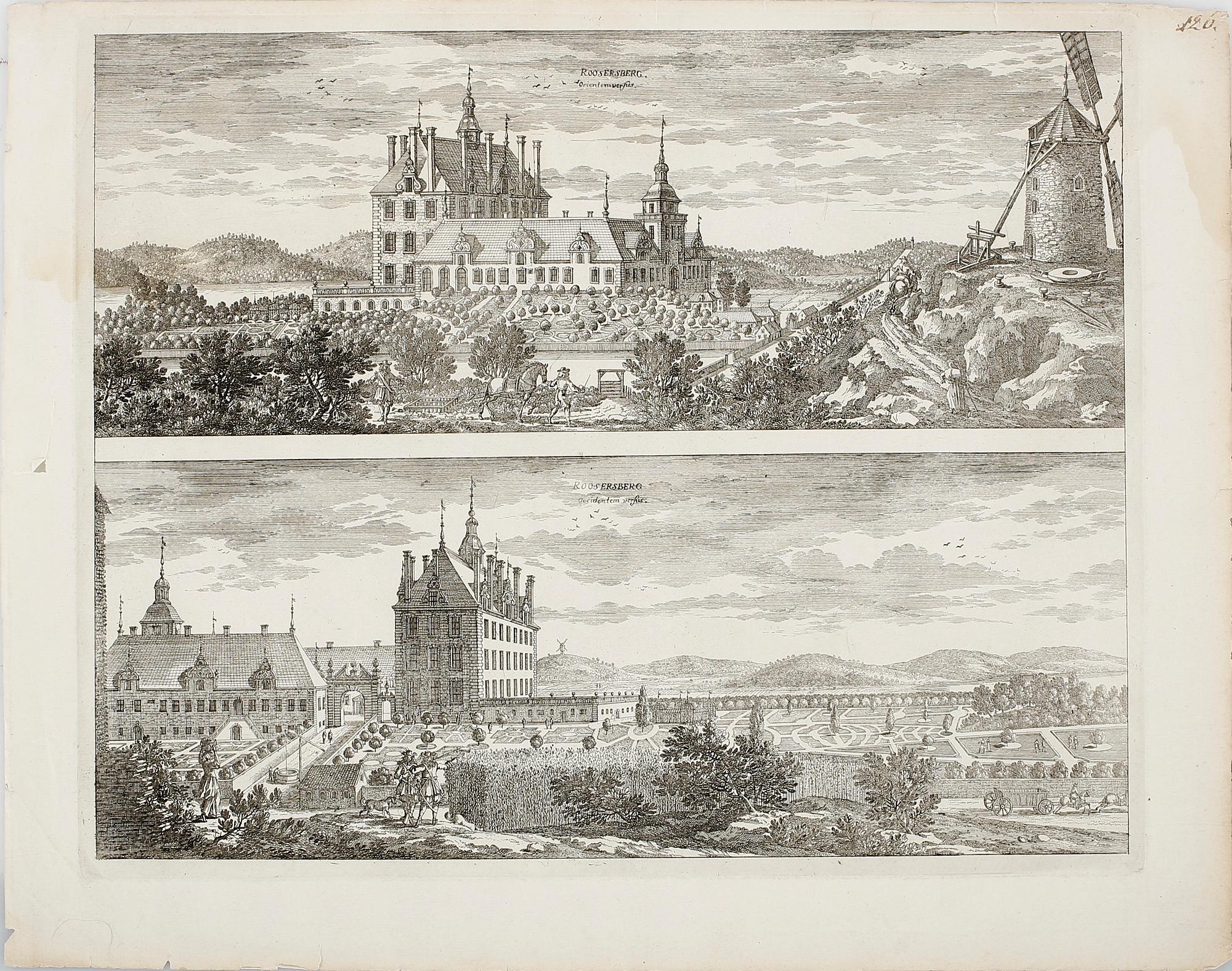 GRAVYRER, 5 st. Ur Suecia antiqua et Hodierna. Ur originalutgåvan, 1700-talets början. Föreställande Rosersbergs slott.