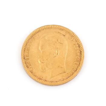 GULDMYNT, 5 Rubel, Nikolaj II, Ryssland 1903. Vikt ca 3 gram.