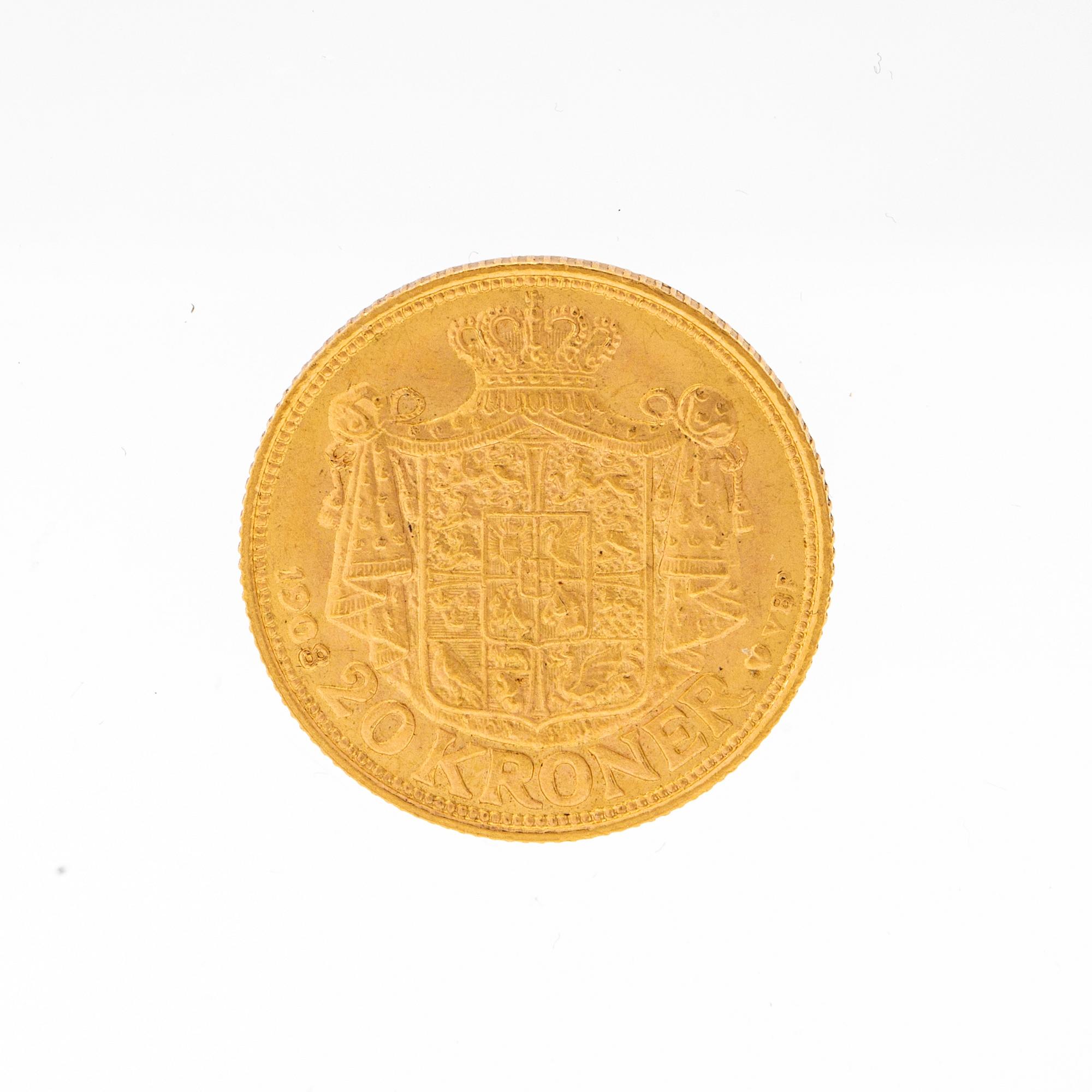 Guldmynt 20kr Frederik VIII, Danmark 1908.