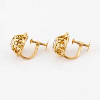 Earrings, a pair, 18K gold with rose-cut diamonds and rubies.