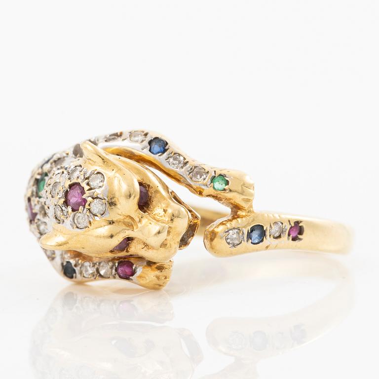 18K gold ring in the form of a panther with rubies, emeralds, sapphires and diamonds.