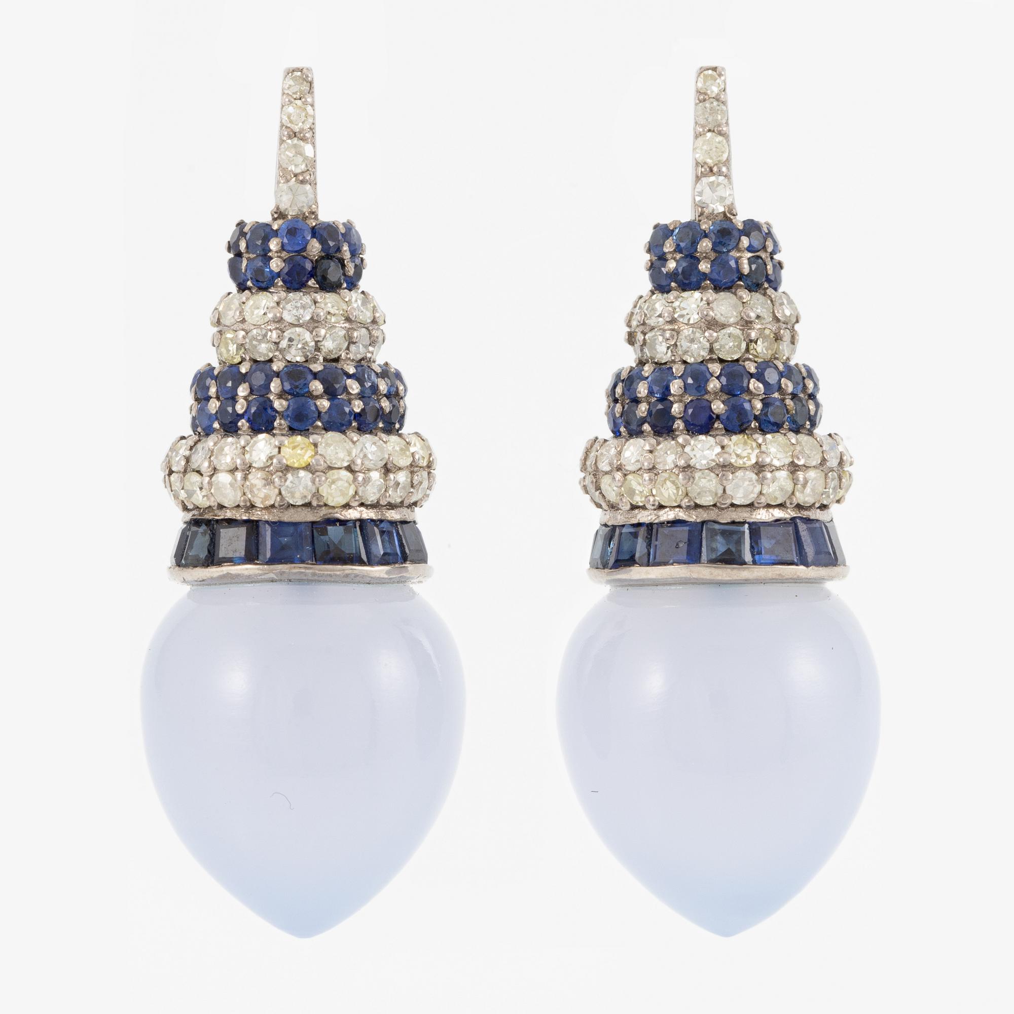 Earrings, silver and 14K gold with blue chalcedony, sapphire, and diamonds.