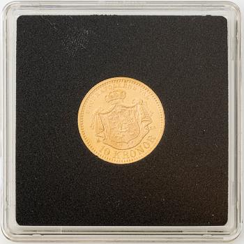 Gold coin, Oscar II, 10 kronor, type II, Sweden 1880.