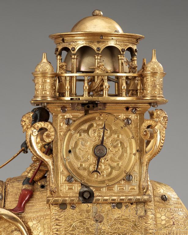 An important South German late 16th century gilt copper and bronze elephant automaton figure clock.