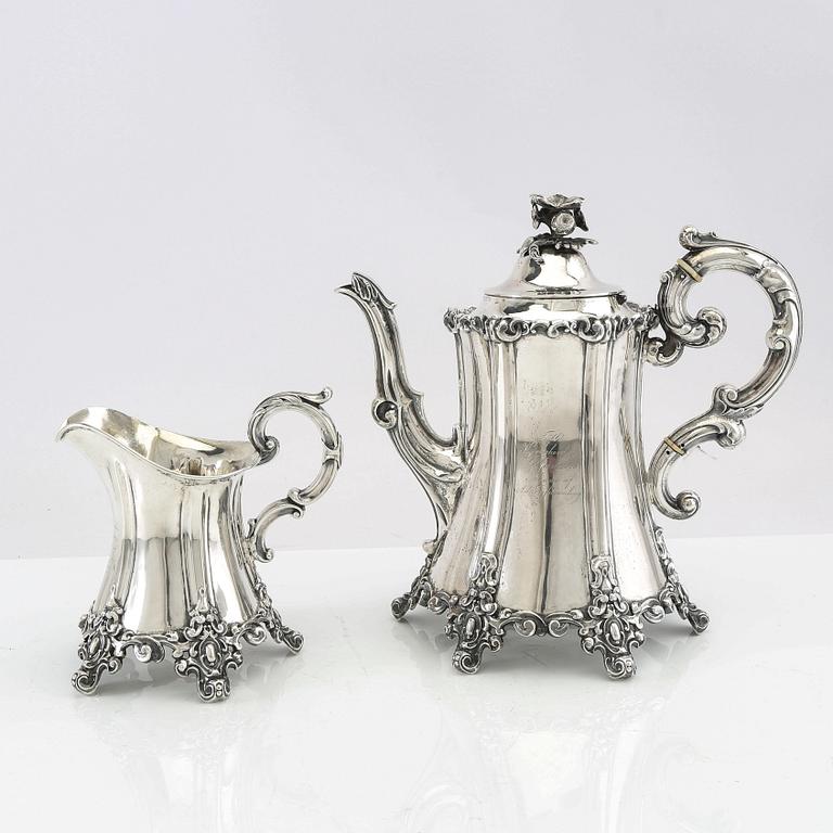 Christian Hammer Coffee Pot and Milk Jug, Silver, Stockholm 1857.