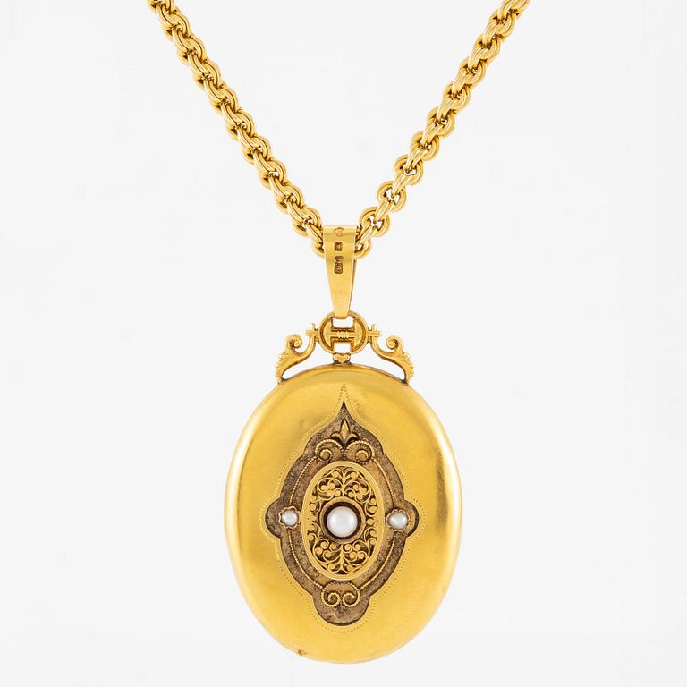 Medaljong 18K guld med pärlor med kedja 18K guld.