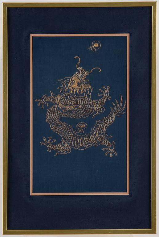A Chinese textile fragment of a dragon, 20th century.