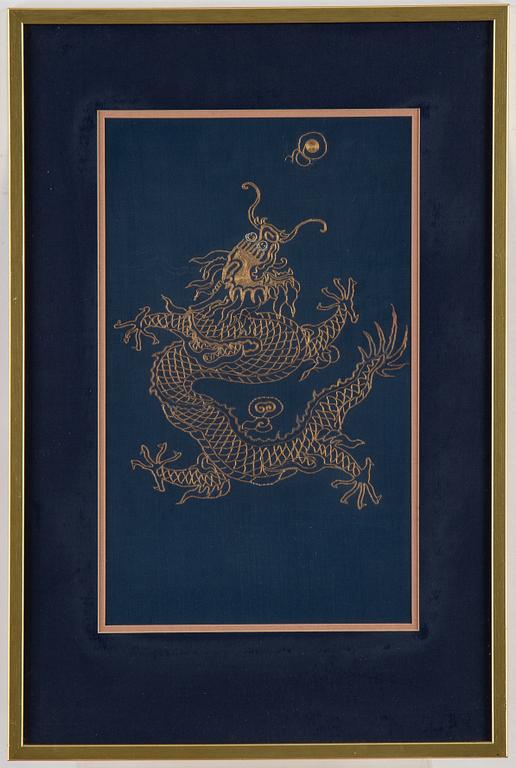 A Chinese textile fragment of a dragon, 20th century.