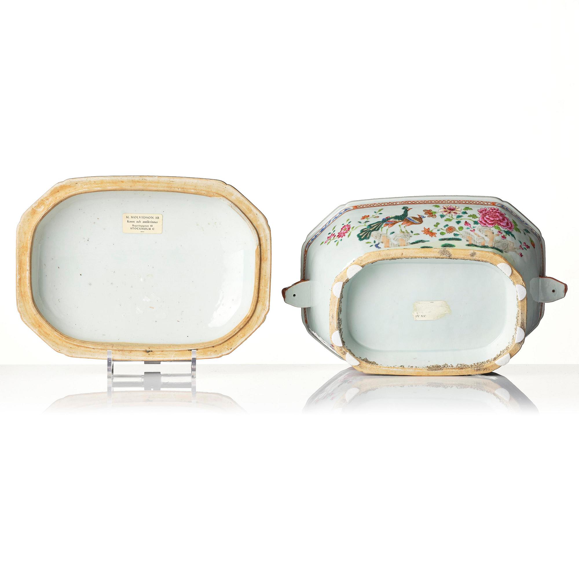 A famille rose 'double peacock' tureen with cover and stand, Qing dynasty, Qianlong (1736-95).