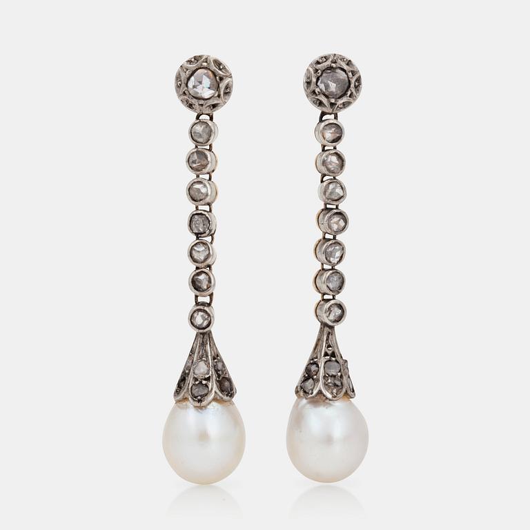 A pair of possibly natural saltwater pearl and rose-cut diamond earrings.