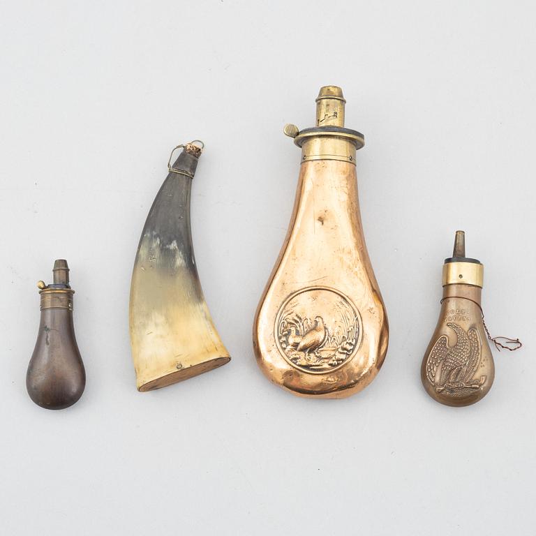 Gunpowder horn and three powder flasks, 19th century.